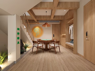 Modern Hotel Public Lounge Area With Wooden Structure Tables Chairs Hanging Lamp And Plants 3d model