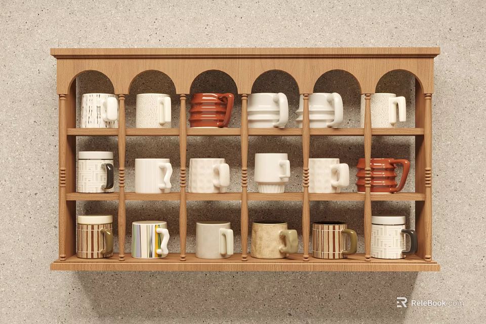 Decorative Mug Set On Wooden Shelf With Various Colors And Styles 3d model 
