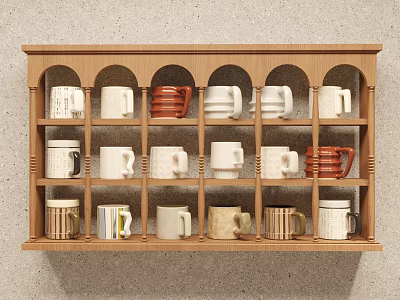 Decorative Mug Set On Wooden Shelf With Various Colors And Styles 3d model