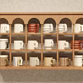 Decorative Mug Set On Wooden Shelf With Various Colors And Styles
