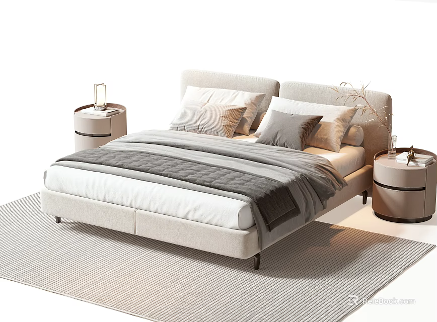 Minimalist Double Bed With Soft Pillows Cozy Blanket And Round Bedside Tables On Rug 3d model 