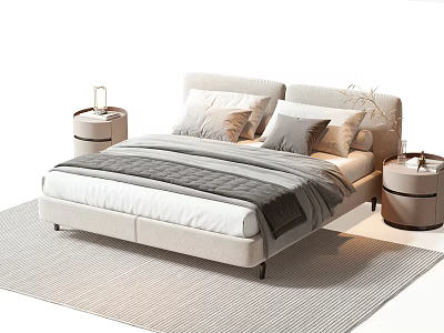 Minimalist Double Bed With Soft Pillows Cozy Blanket And Round Bedside Tables On Rug 3d model