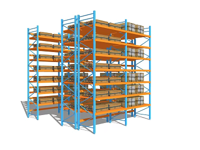 Industrial Multi Tier Storage Racks With Blue Frame And Orange Pallets For Warehouse Goods 3d model