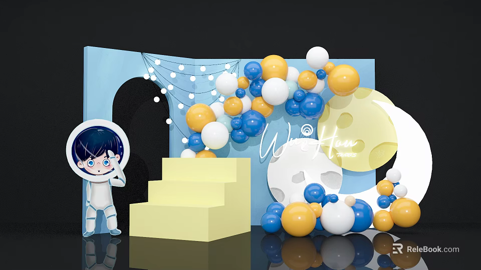Astronaut Themed Decor With Colorful Balloons Moon Steps And Star Backdrop 3d model