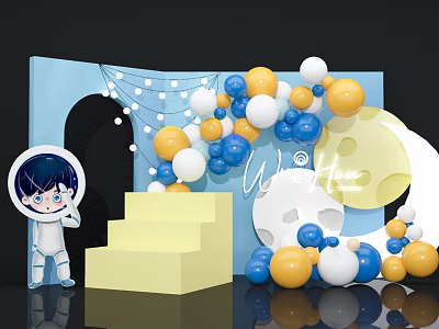 Astronaut Themed Decor With Colorful Balloons Moon Steps And Star Backdrop 3d model