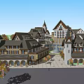 European Style Commercial Street With Steep Roofs Multi Story Buildings And Trees