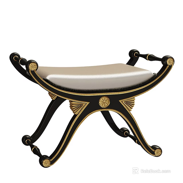 Classic Black Stool With Gold Accents Curved Legs And Light Colored Seat Cushion 3d model 