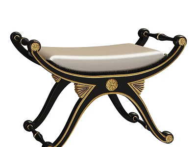 Classic Black Stool With Gold Accents Curved Legs And Light Colored Seat Cushion 3d model