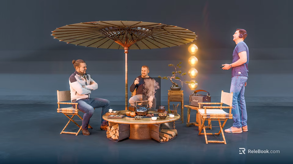 Camping Campsite With Relaxing Area Wooden Umbrella Fire Pit Decorative Lights And Leisure Gatherings 3d model 