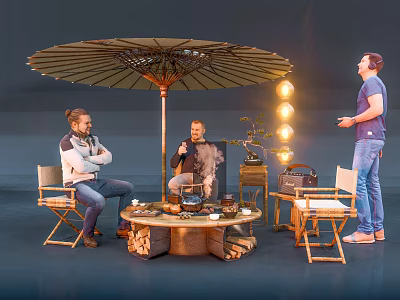Camping Campsite With Relaxing Area Wooden Umbrella Fire Pit Decorative Lights And Leisure Gatherings 3d model