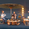 Camping Campsite With Relaxing Area Wooden Umbrella Fire Pit Decorative Lights And Leisure Gatherings