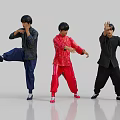 Three People In Red Black Blue Traditional Clothing Practicing Martial Arts Poses
