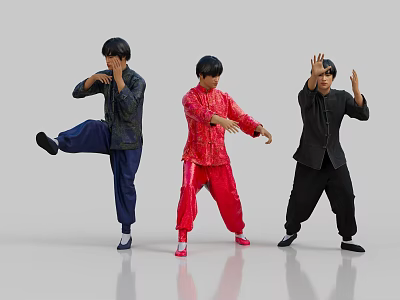 Three People In Red Black Blue Traditional Clothing Practicing Martial Arts Poses 3d model