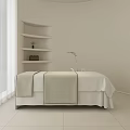 Minimalist SPA Sauna Room Interior With Massage Bed White Walls And Sheer Curtains