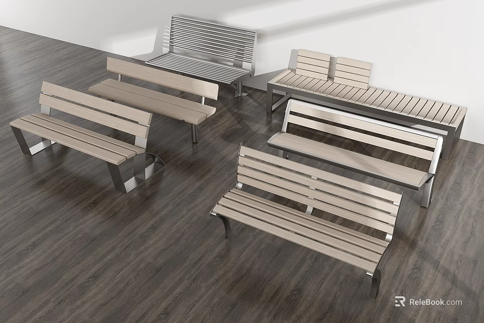 Outdoor Benches Featuring Wooden Slats And Metal Legs Modern Design For Gardens 3d model 