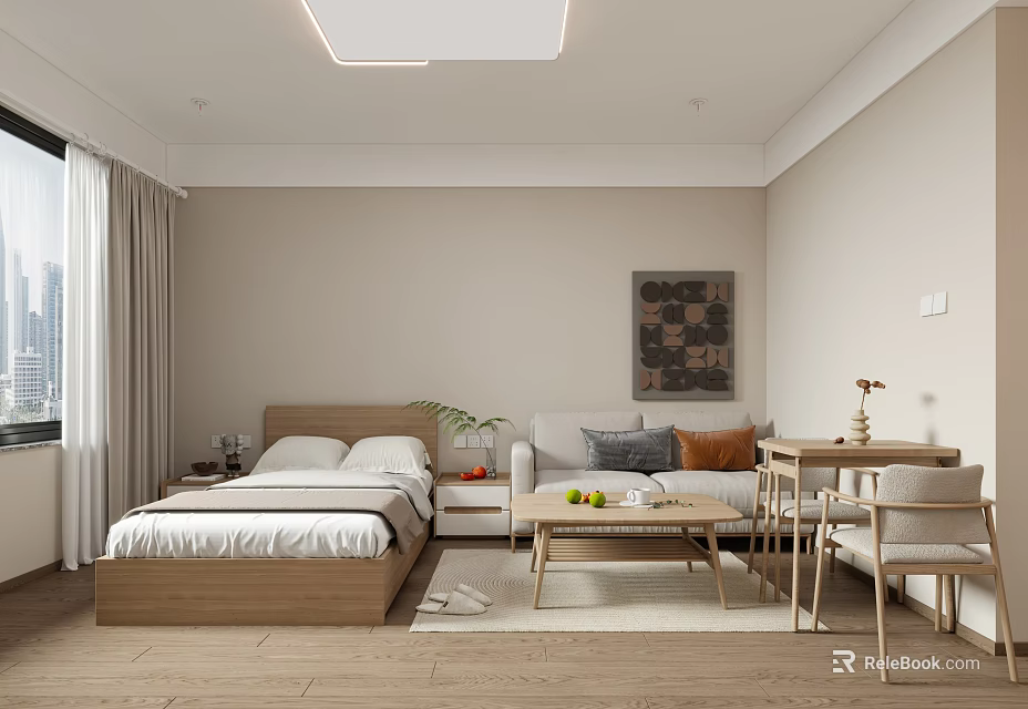 Minimalist Apartment Interior With Bed Sofa Coffee Table And Artwork 3d model 