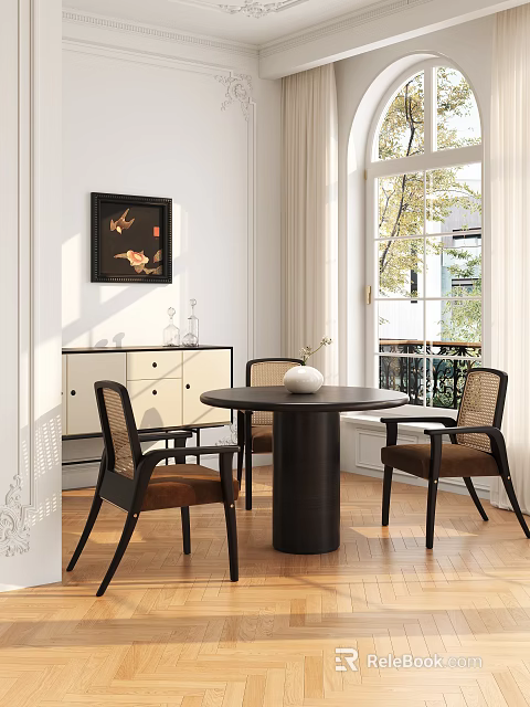Modern Dining Table Set With Cane Chairs White Cabinet Drawers And Natural Light 3d model 