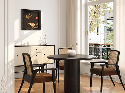 Modern Dining Table Set With Cane Chairs White Cabinet Drawers And Natural Light 3d model