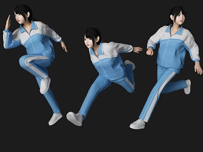 Women in Blue and White Sportswear Jumping and Running with Different Poses as 3d model