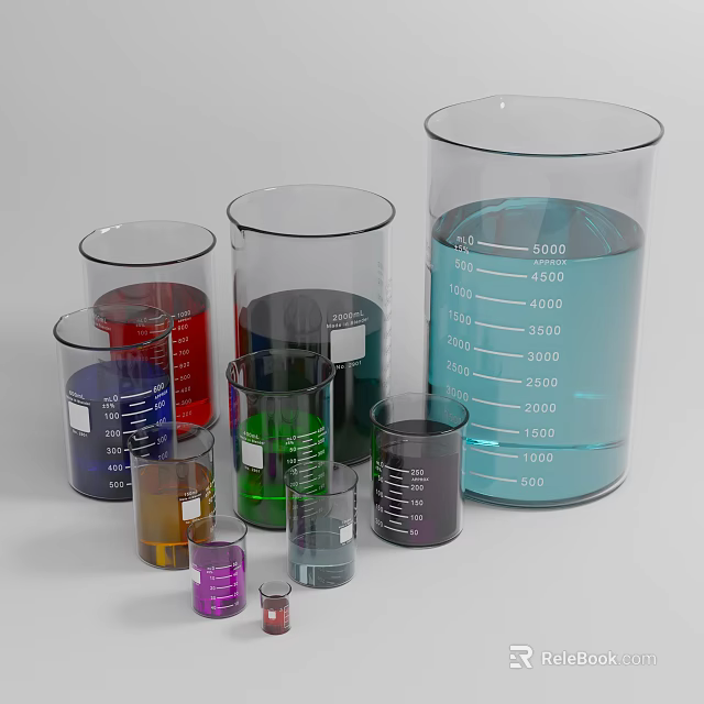 Laboratory Graduated Beakers With Various Colored Liquids And Different Sizes 3d model