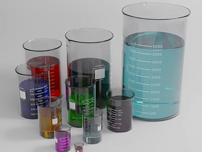 Laboratory Graduated Beakers With Various Colored Liquids And Different Sizes 3d model
