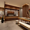 Modern Japanese Teahouse Interior With Wooden Counter Display Tables And Benches