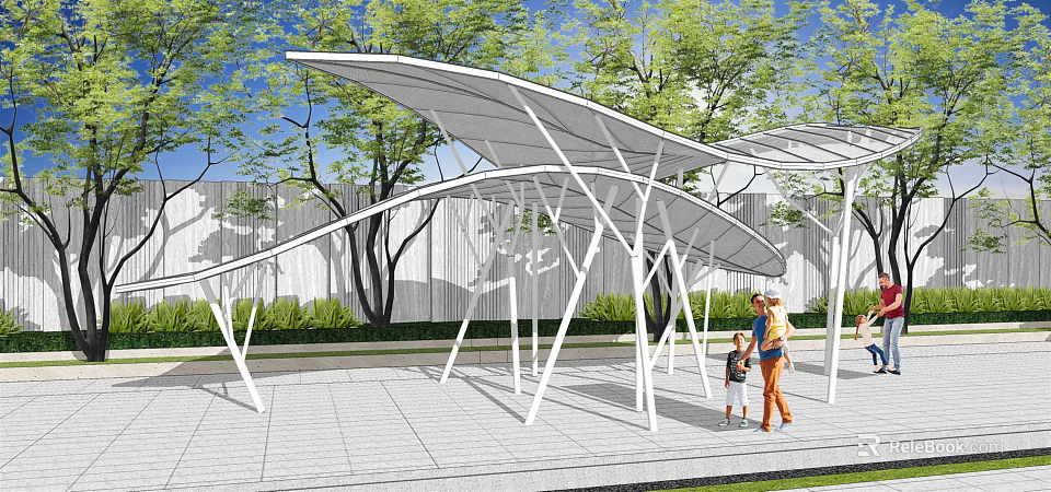 Modern Garden Landscape Featuring White Canopy Structures Trees Greenery And Paved Walkway 3d model