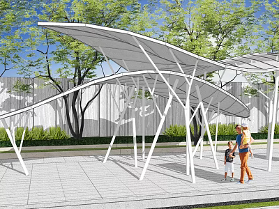 Modern Garden Landscape Featuring White Canopy Structures Trees Greenery And Paved Walkway 3d model