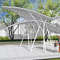Modern Garden Landscape Featuring White Canopy Structures Trees Greenery And Paved Walkway 3d model