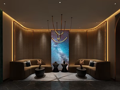 Modern Luxury Shop Front Desk With Curved Sofa Starry Backdrop Chandelier And Metal Grille Decor 3d model