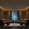 Modern Luxury Shop Front Desk With Curved Sofa Starry Backdrop Chandelier And Metal Grille Decor