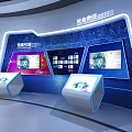 Modern Technology Exhibition Space With Circular Platform Blue Lighting And Digital Screens