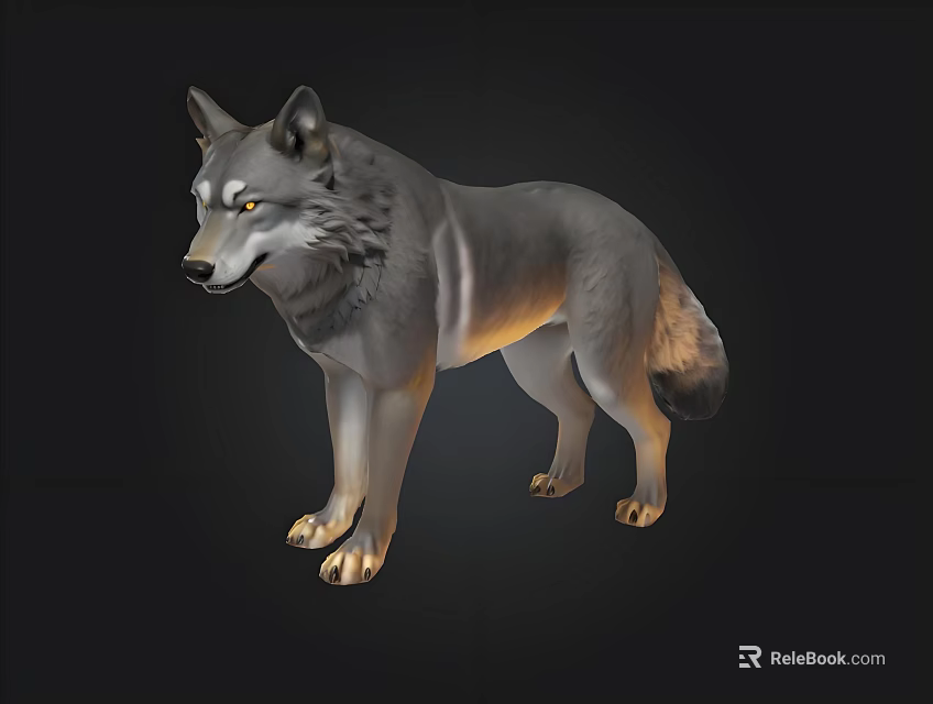 Realistic Gray Wolf 3D Model With Yellow Eyes Standing On Black Background 3d model