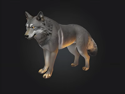 Realistic Gray Wolf 3D Model With Yellow Eyes Standing On Black Background 3d model