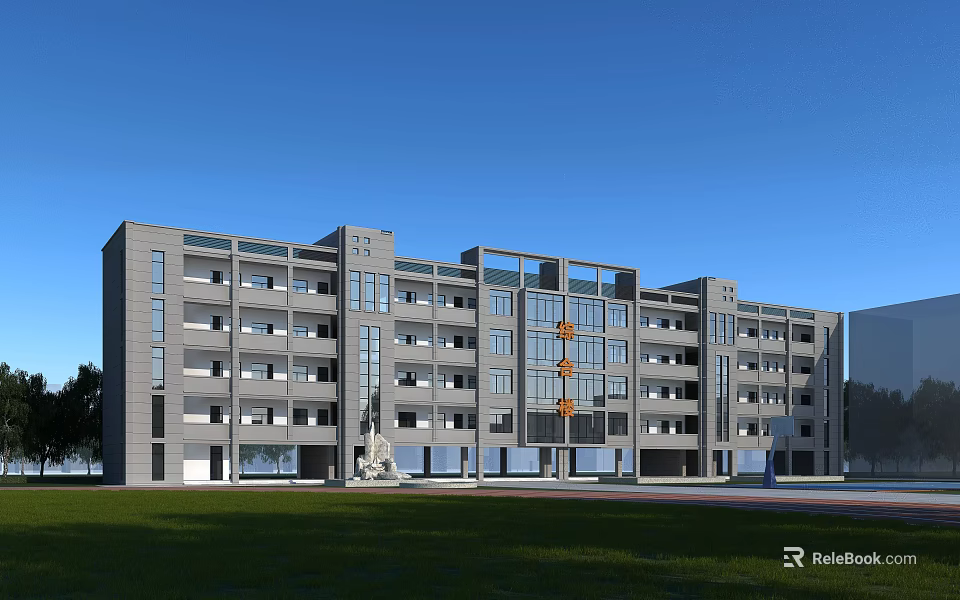 Modern School Building with Multi Storey Glass Facade and Green Front Lawn Design 3d model 