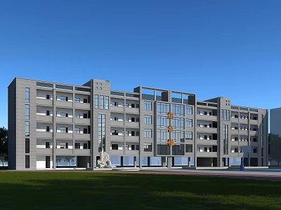 Modern School Building with Multi Storey Glass Facade and Green Front Lawn Design 3d model