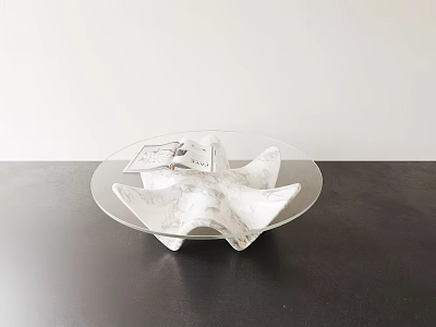Modern Coffee Table With Starfish Shaped White Marble Base Transparent Glass Top Magazine On Top 3d model