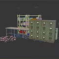 Workshop Storage Setup With Green Filing Cabinets Workbench And Scattered Parts 3d model