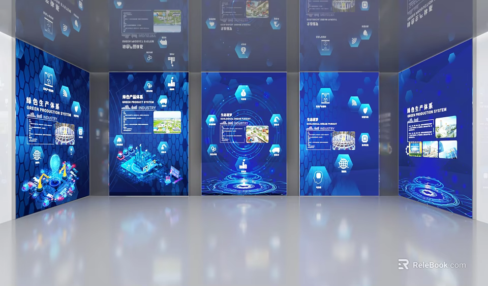 Tech Themed Blue Display Wall With Data Charts And Smart Icons Features Digital Elements 3d model