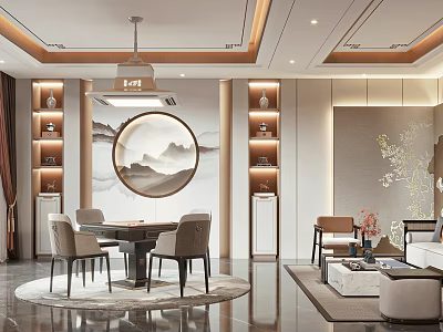 Hotel Mahjong Room With Chinese Style Circular Mountain Painting Wooden Table Chairs And Decorative Shelves 3d model