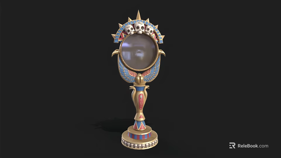 Egyptian Style Decorative Mirror With Golden Frame Skull Decorations And Colorful Base 3d model 