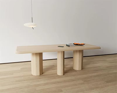Light Wood Dining Table with Three Cylindrical Legs in Bright Room with Pendant Light 3d model