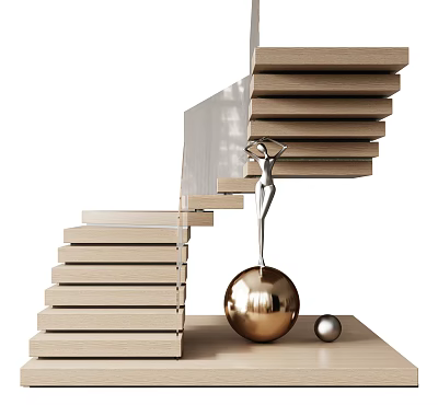Elegant Modern Staircase Design With Wooden Steps Glass Railing And Metal Balls 3d model