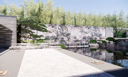 Modern courtyard sketch landscape tree plant shrub welcome pine rockery stone stacked water 3d model