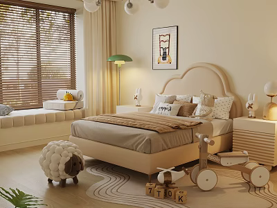 Cozy Kids Bed With Upholstered Headboard Toys Rug Window Bench And Wooden Blinds 3d model