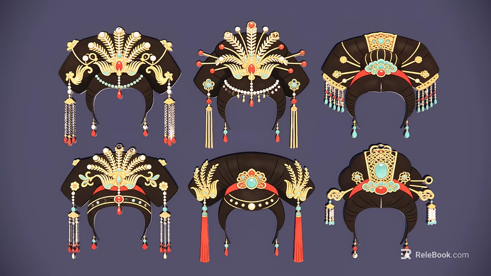 Traditional Chinese Hair Ornaments With Phoenix Crown Designs And Tassel Decorations 3d model 