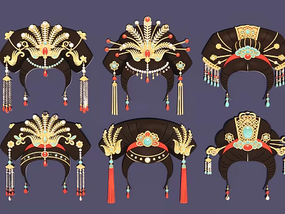 Traditional Chinese Hair Ornaments With Phoenix Crown Designs And Tassel Decorations 3d model
