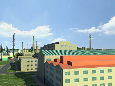 Industrial Factory Complex With Multiple Buildings Green Orange Roofs Chimneys Blue Sky And Green Grass 3d model
