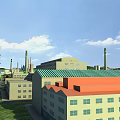 Industrial Factory Complex With Multiple Buildings Green Orange Roofs Chimneys Blue Sky And Green Grass