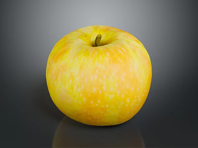 Fresh Yellow Apple With White Speckles And Stem On Shiny Black Surface 3d model